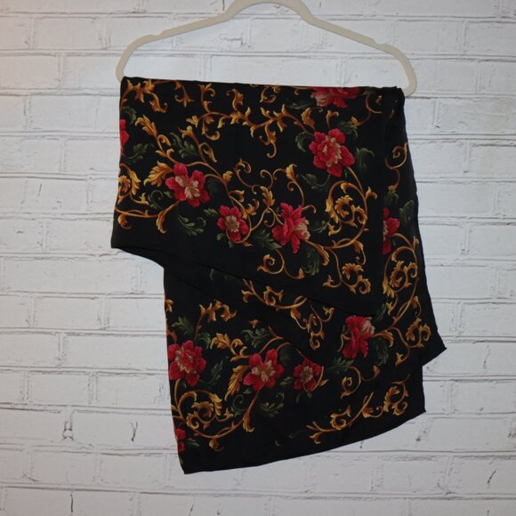 Vintage Silk Square Scarf – Floral Print – Black/Gold - Picture 3 of 5